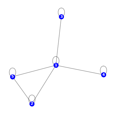 An undirected graph with 5 blue numbered nodes with added self-connections